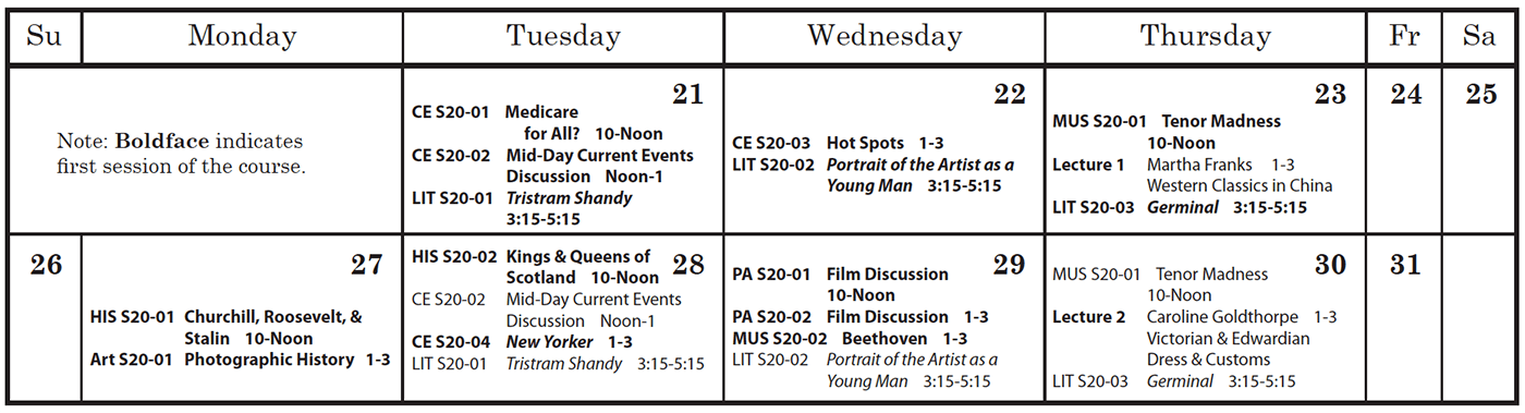 January 2020 class calendar Renesan