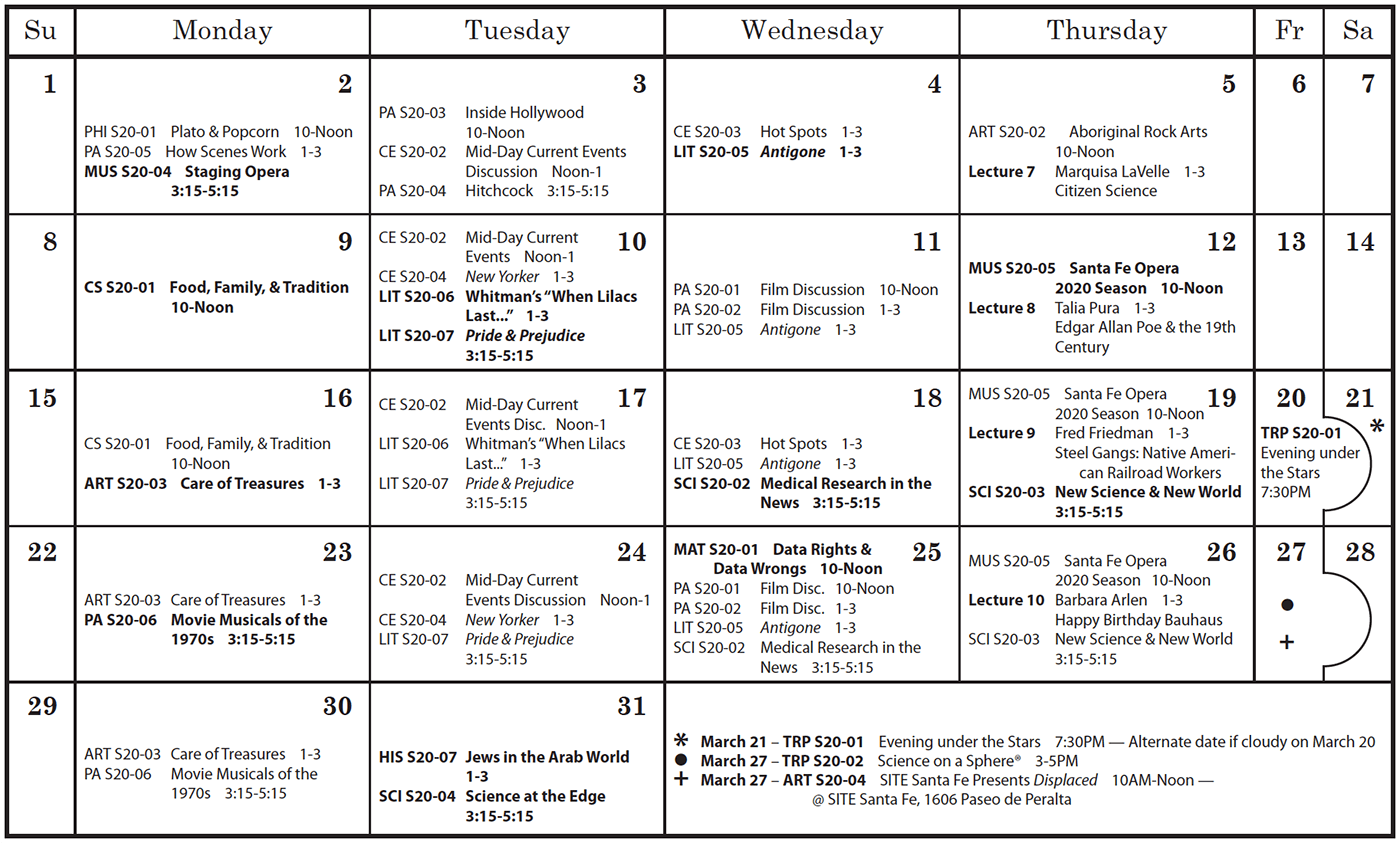 March 2020 class calendar Renesan